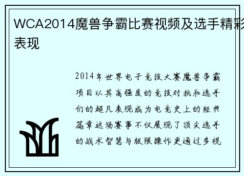 WCA2014魔兽争霸比赛视频及选手精彩表现